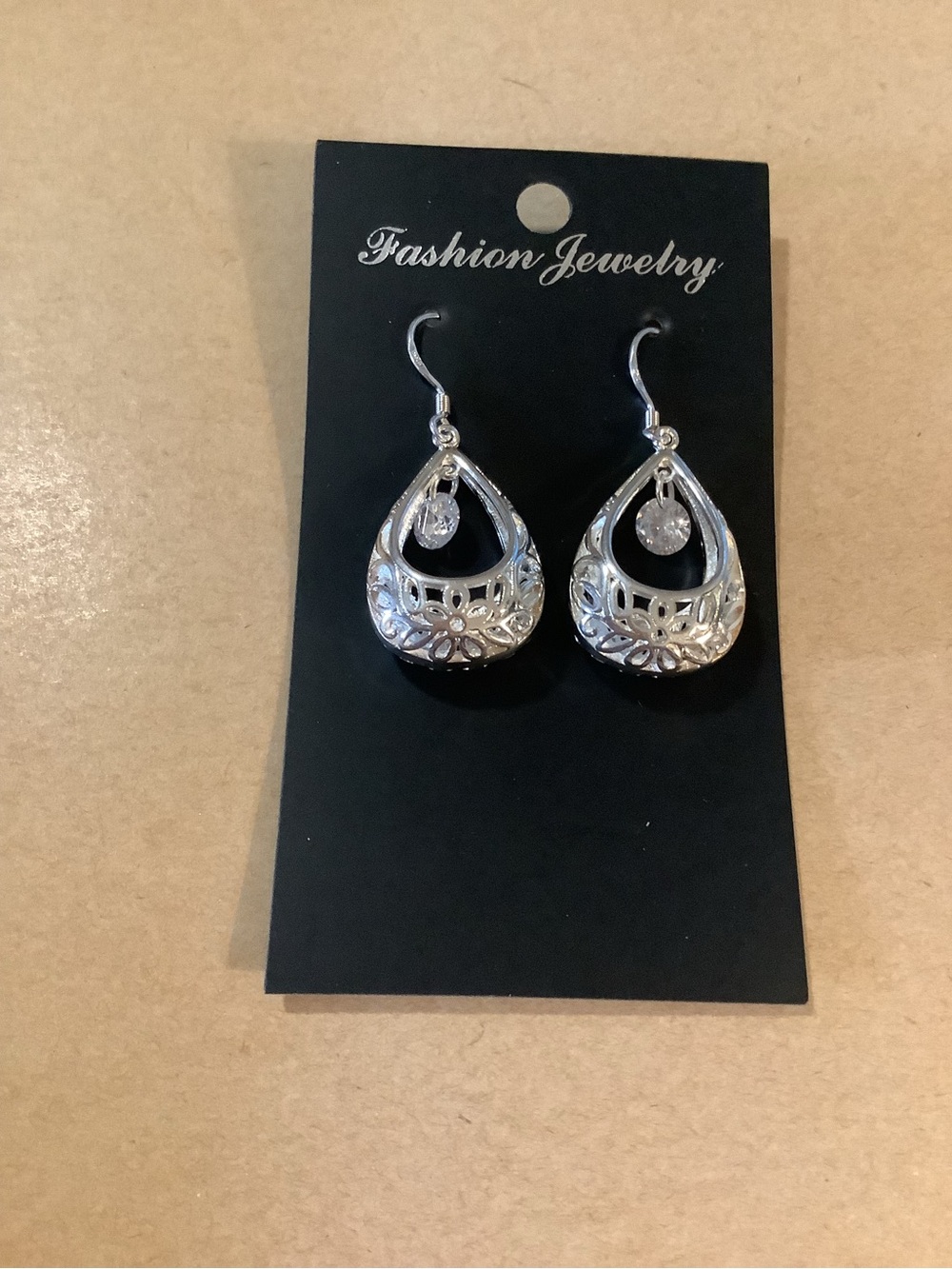Fashion Jewelry Silver Filigree Teardrop Dangle Earrings with Sparkle Accent